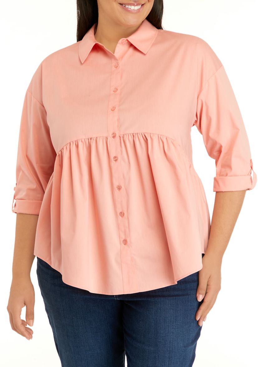 Plus Size Poplin High Low Button Down Tunic Top