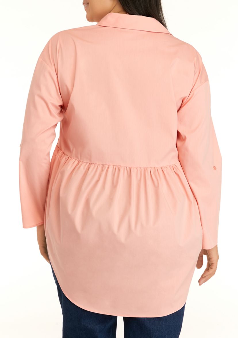 Plus Size Poplin High Low Button Down Tunic Top