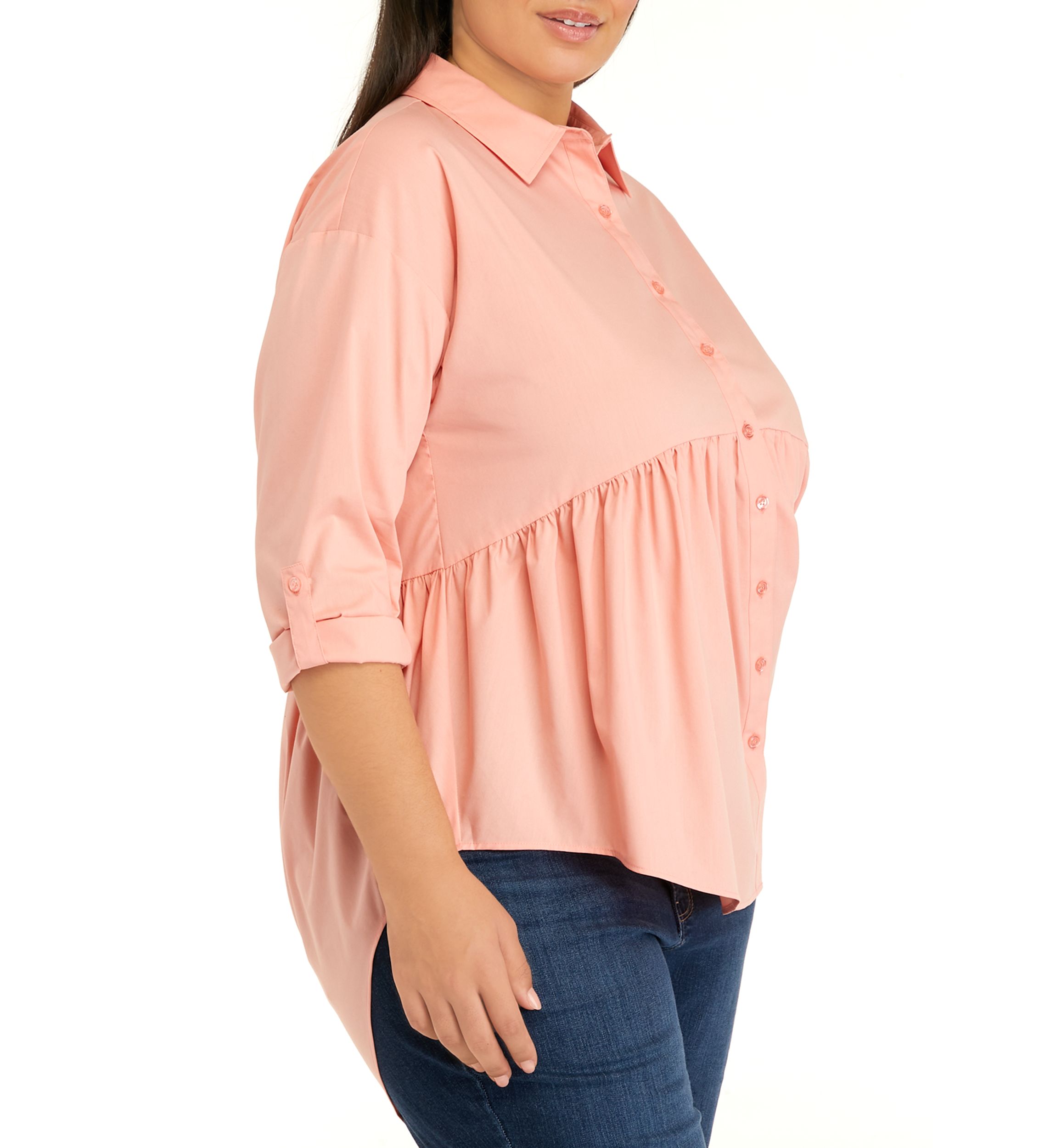 Plus Size Poplin High Low Button Down Tunic Top
