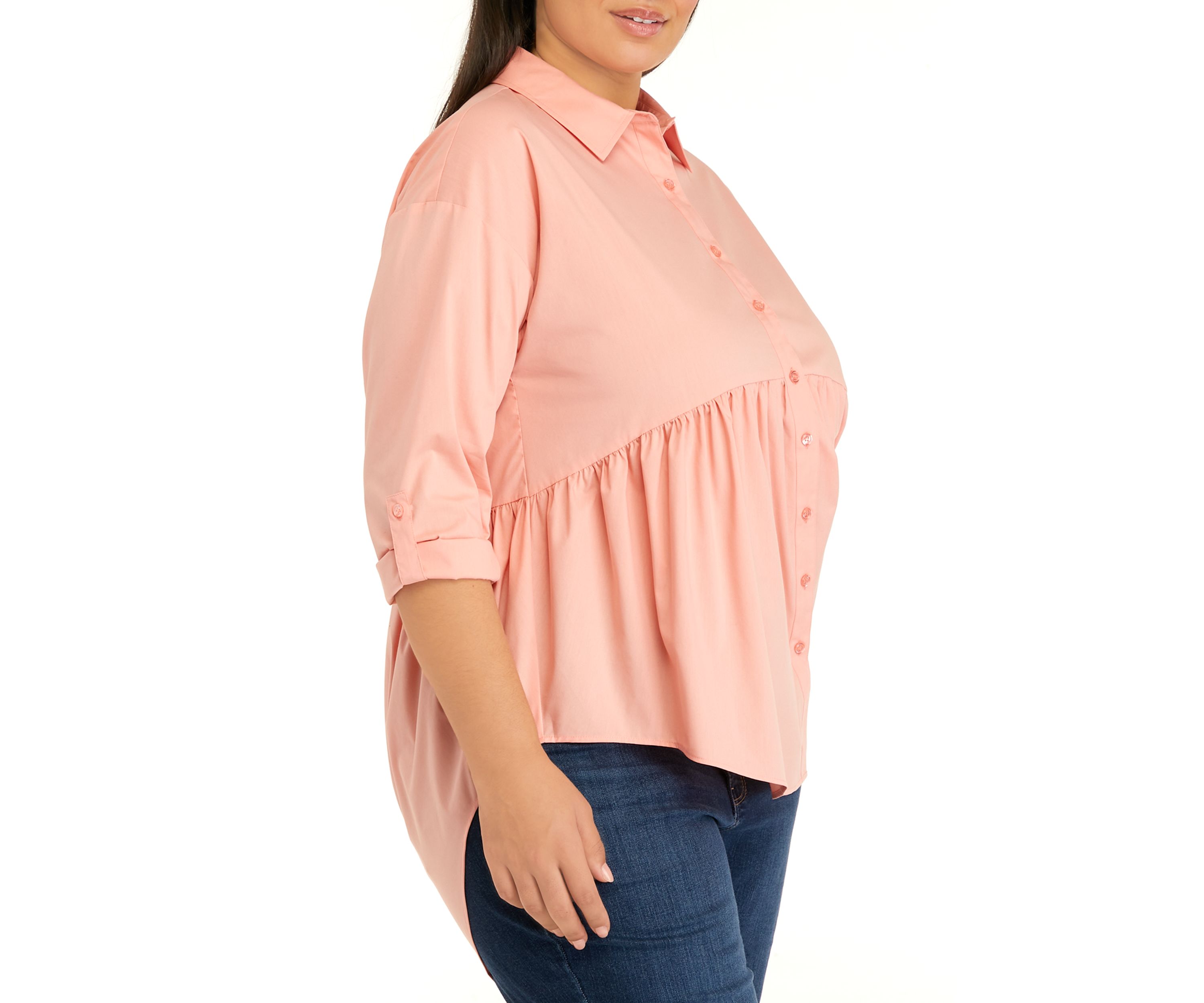 Plus Size Poplin High Low Button Down Tunic Top