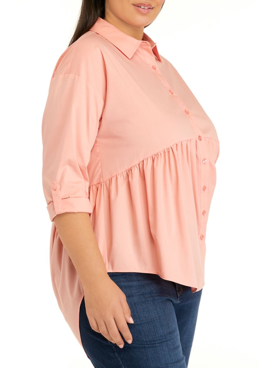 Plus Size Poplin High Low Button Down Tunic Top