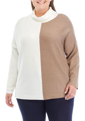 Cupio Women's Plus Size Color Blocked Sweater, Sand, 1X