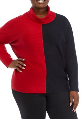 Cupio Women's Plus Size Color Blocked Sweater, Red, 1X