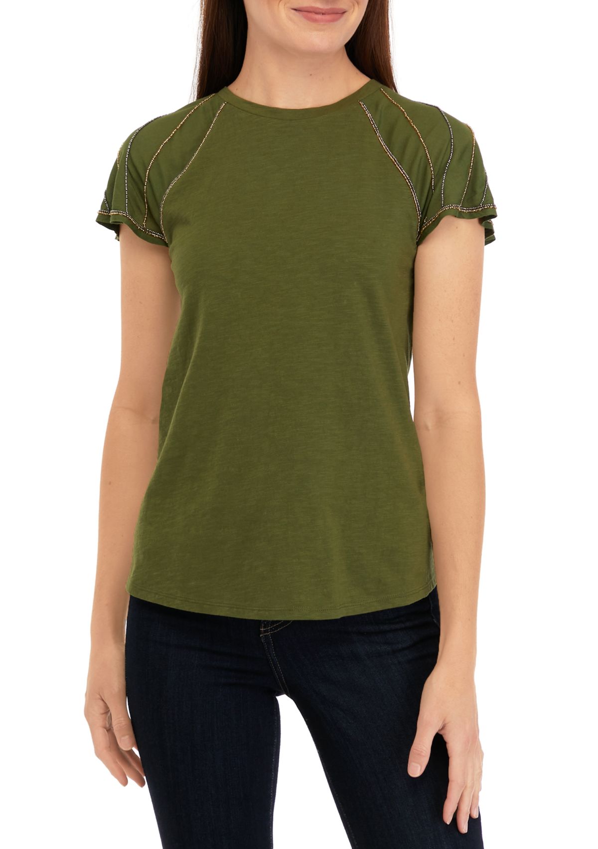 Womens Short Beaded Sleeve T-Shirt