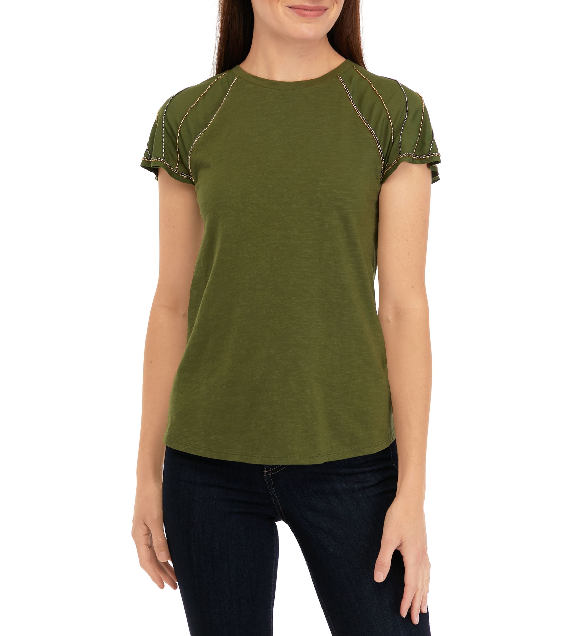 Womens Short Beaded Sleeve T-Shirt
