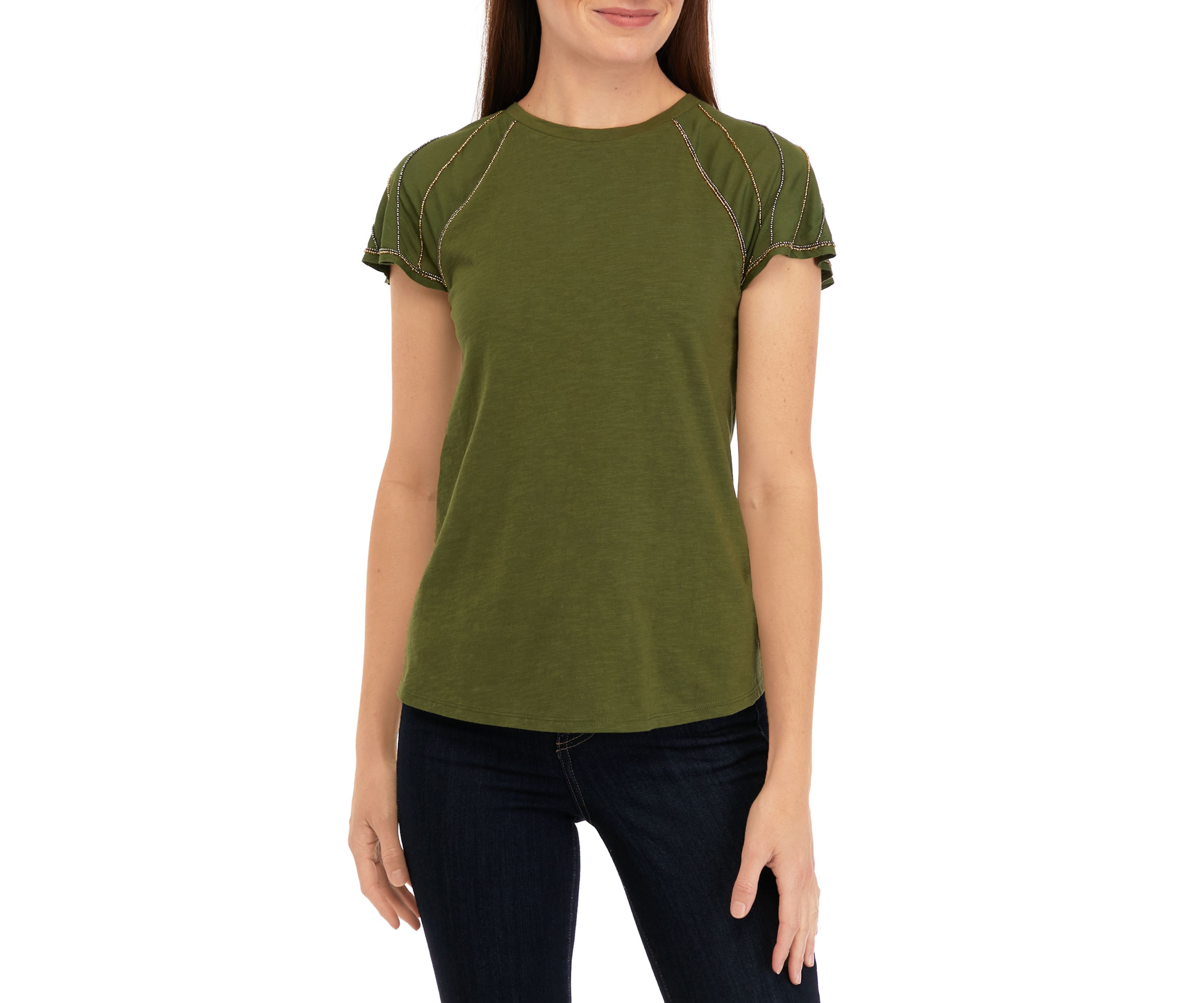 Womens Short Beaded Sleeve T-Shirt