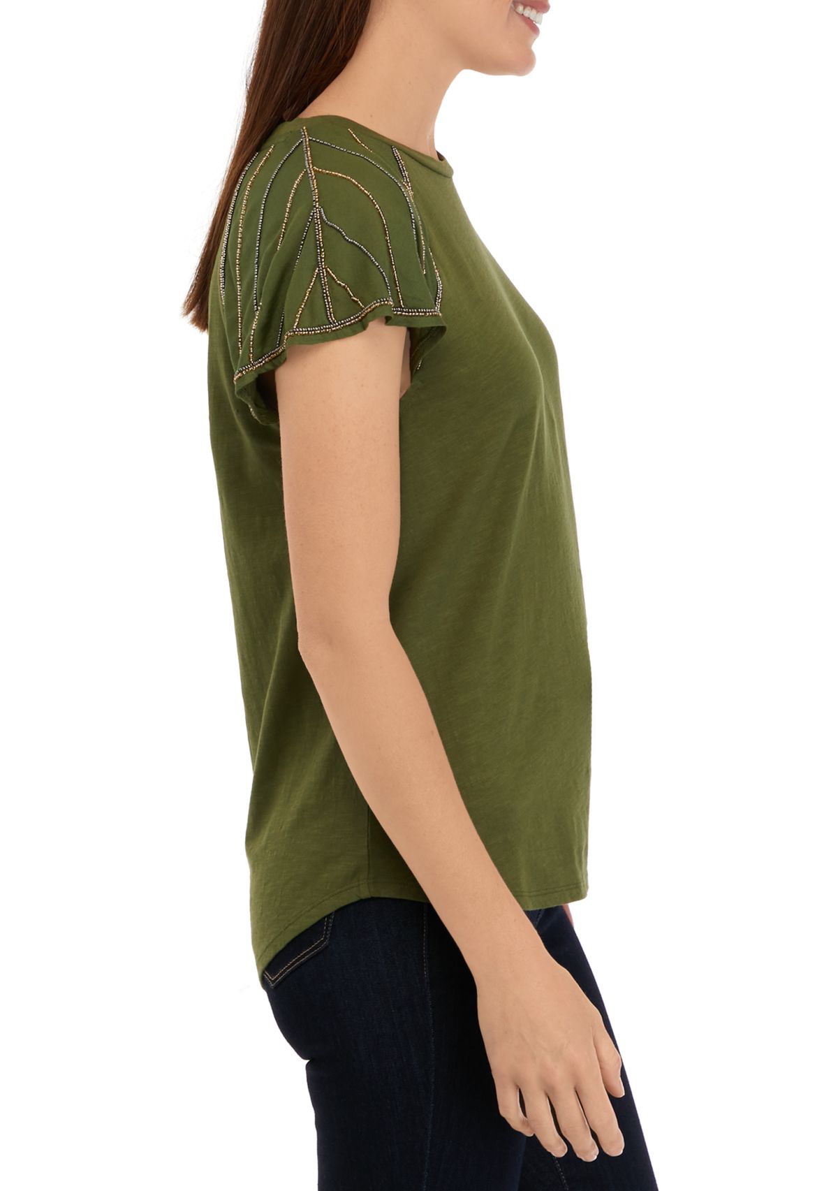 Womens Short Beaded Sleeve T-Shirt