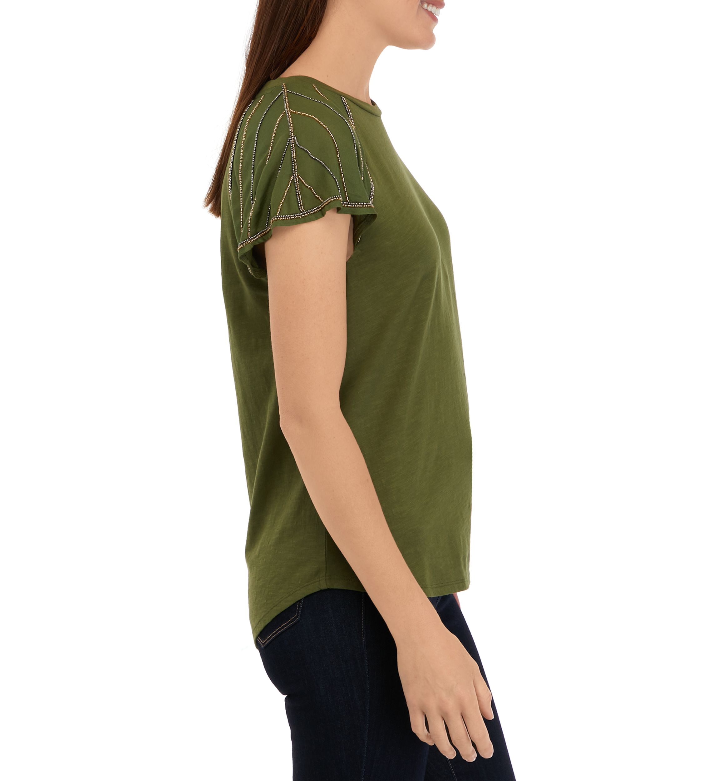 Womens Short Beaded Sleeve T-Shirt