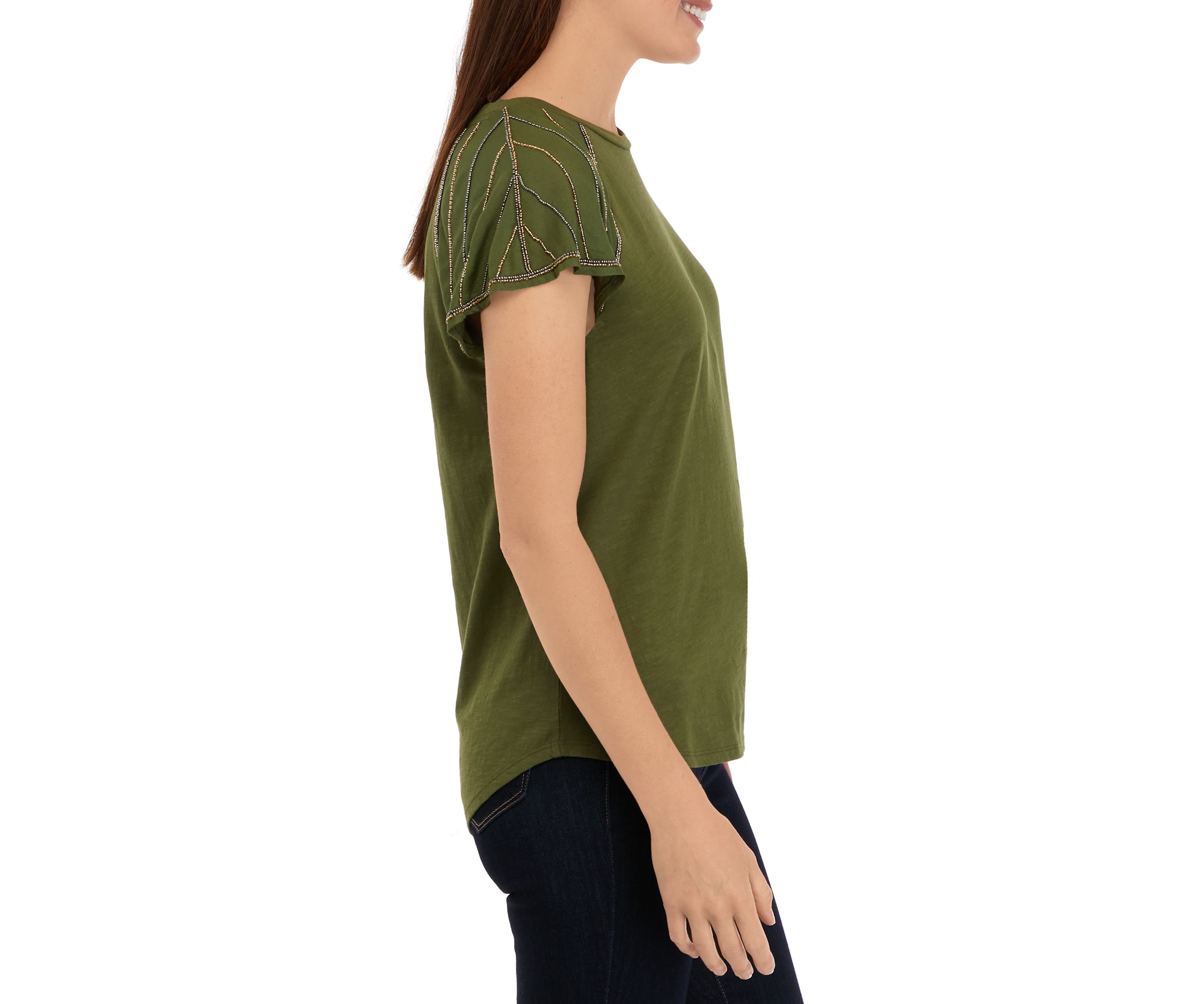 Womens Short Beaded Sleeve T-Shirt