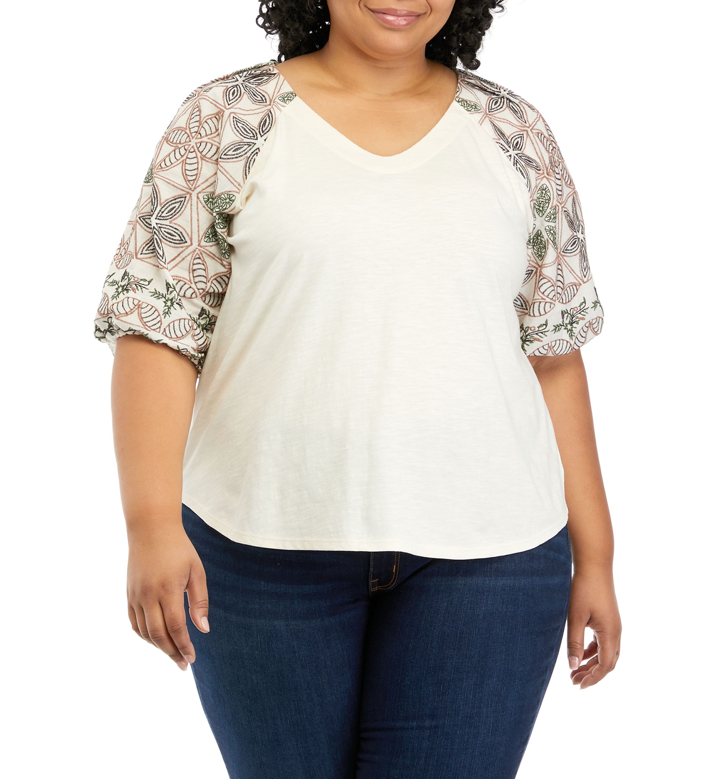 Plus Size Elbow Sleeve Embroidered V-Neck Top