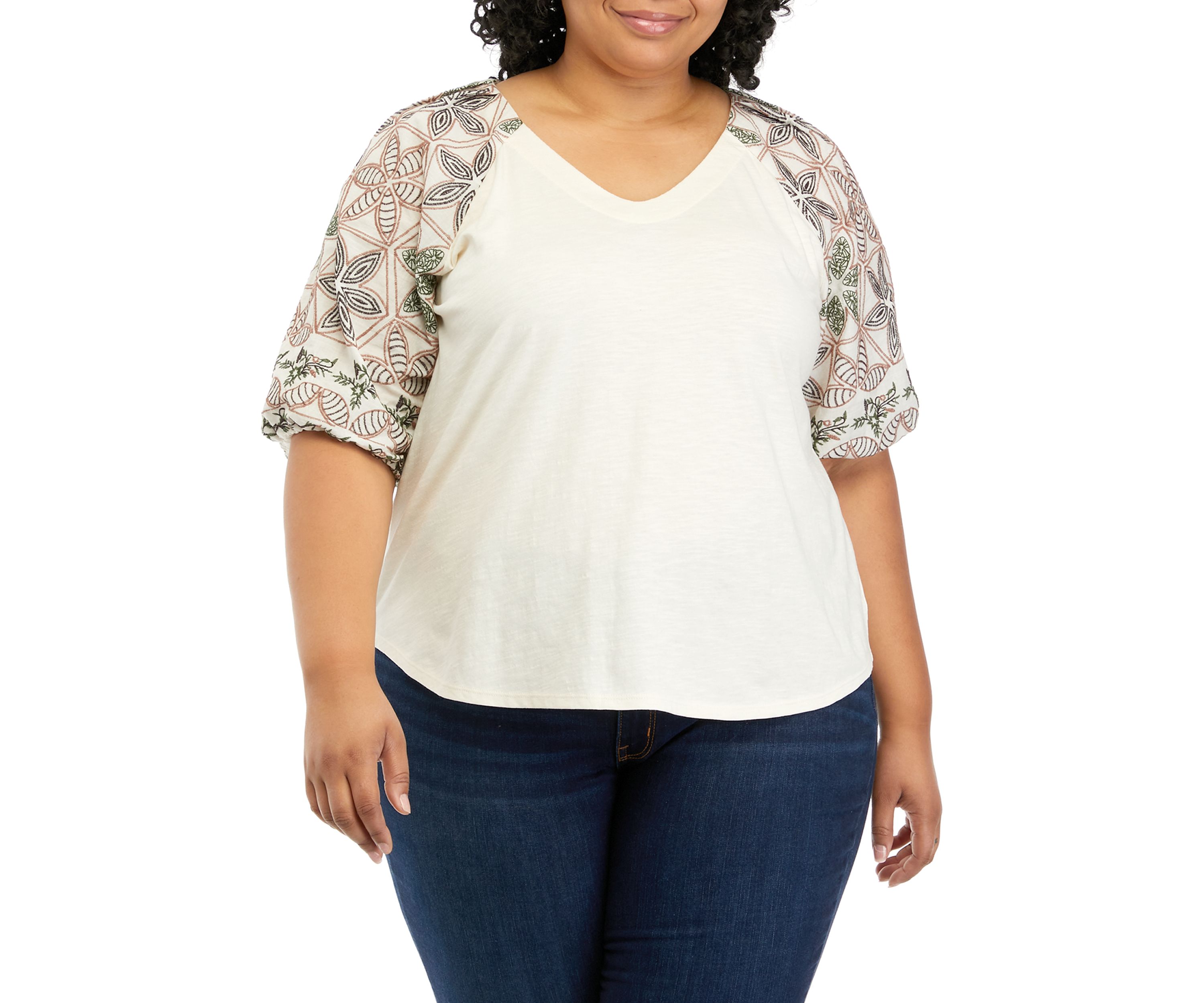 Plus Size Elbow Sleeve Embroidered V-Neck Top