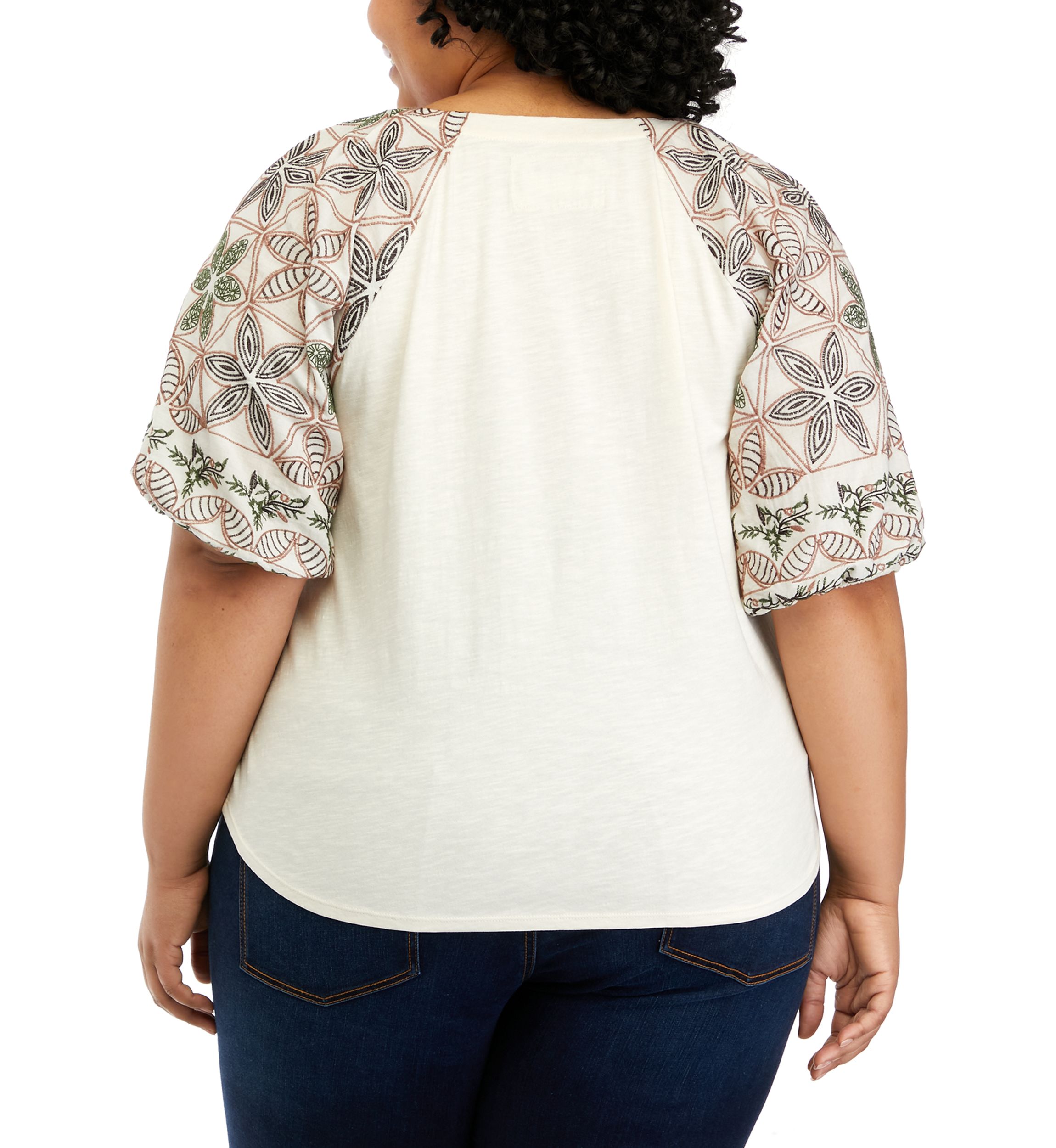 Plus Size Elbow Sleeve Embroidered V-Neck Top