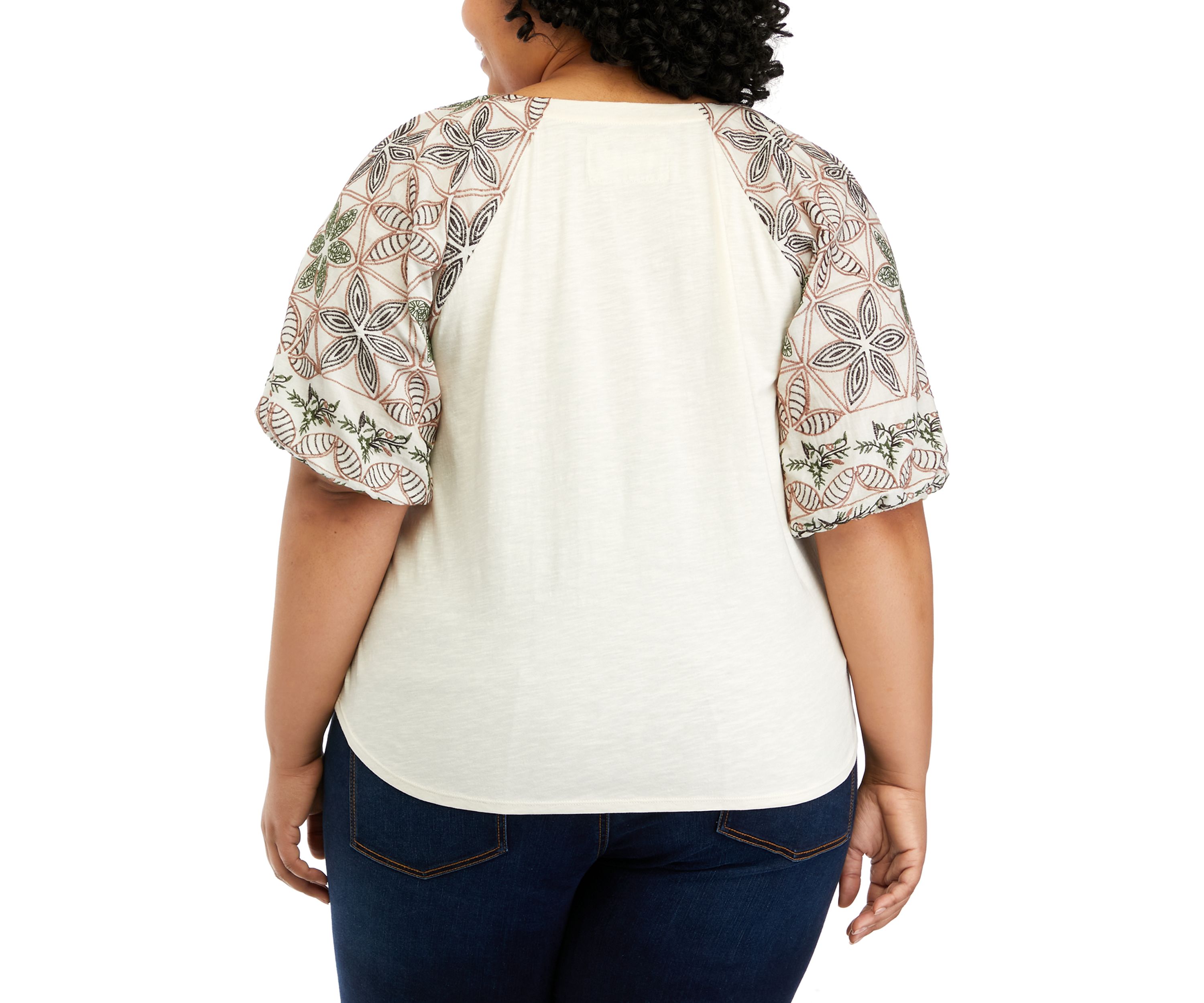 Plus Size Elbow Sleeve Embroidered V-Neck Top