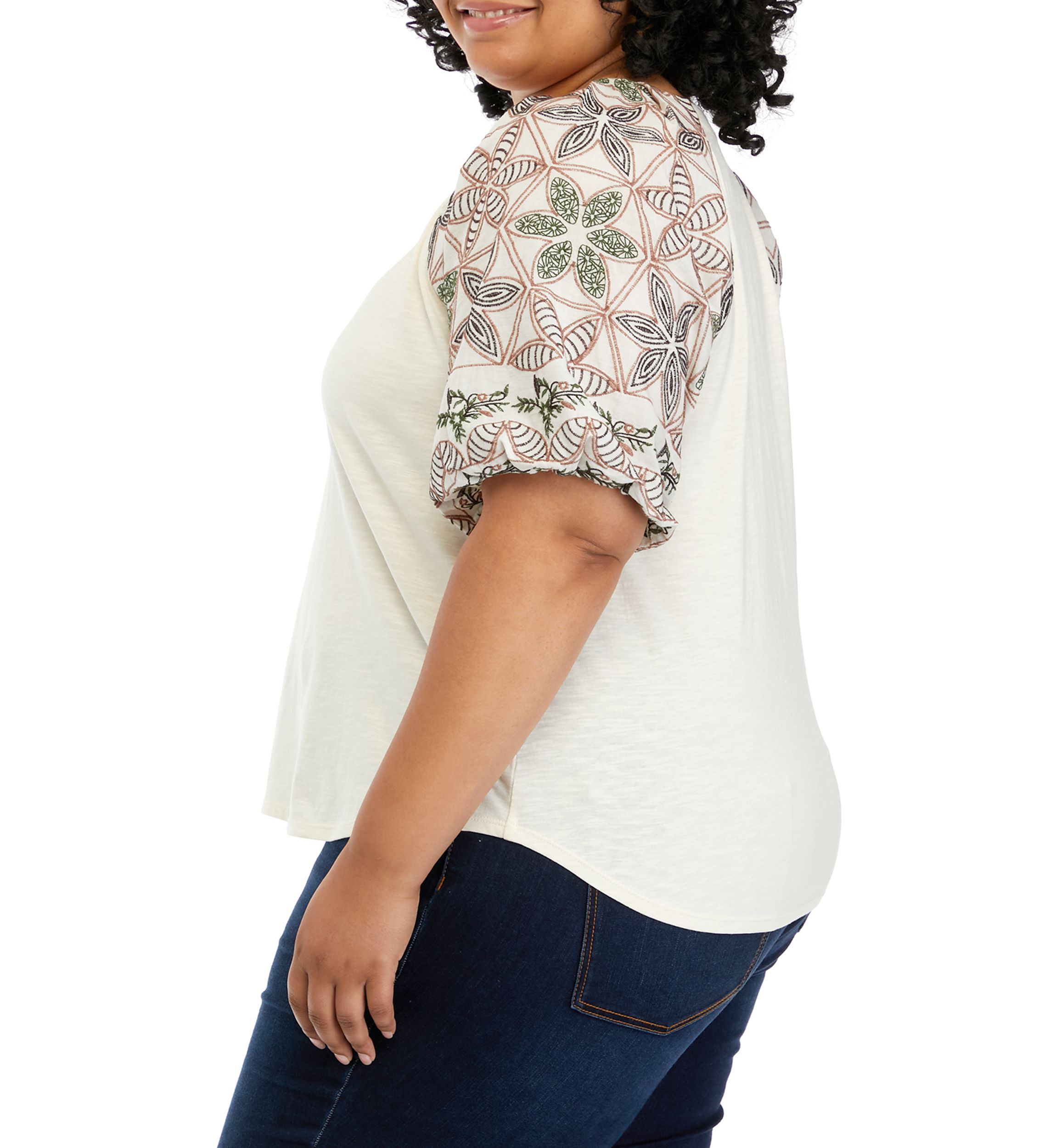Plus Size Elbow Sleeve Embroidered V-Neck Top
