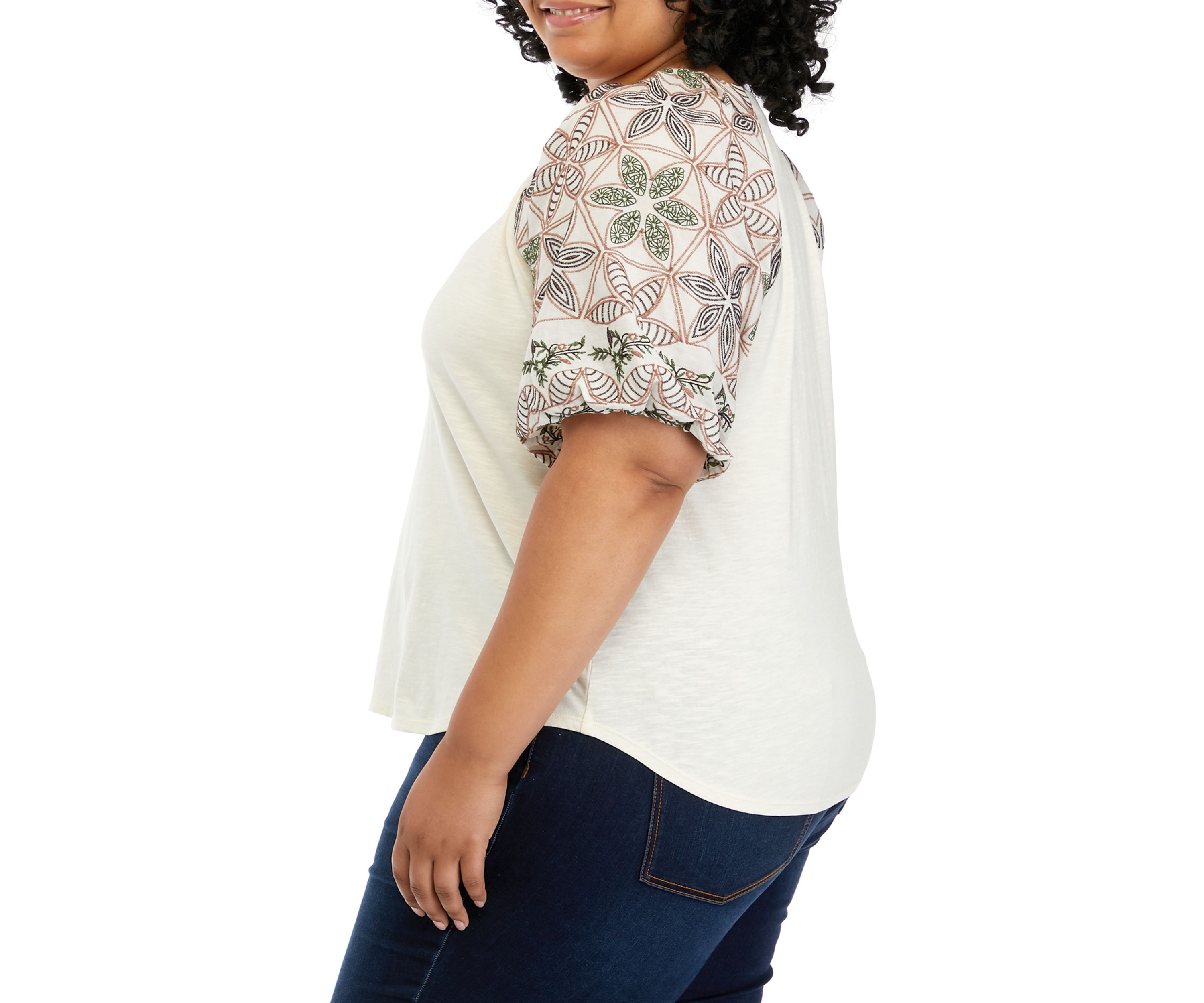 Plus Size Elbow Sleeve Embroidered V-Neck Top