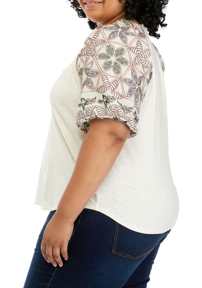 Plus Size Elbow Sleeve Embroidered V-Neck Top