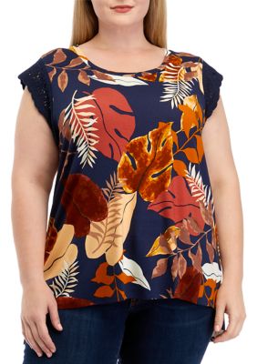 Cupio Women's Plus Size Crochet Sleeve Round Neck Top