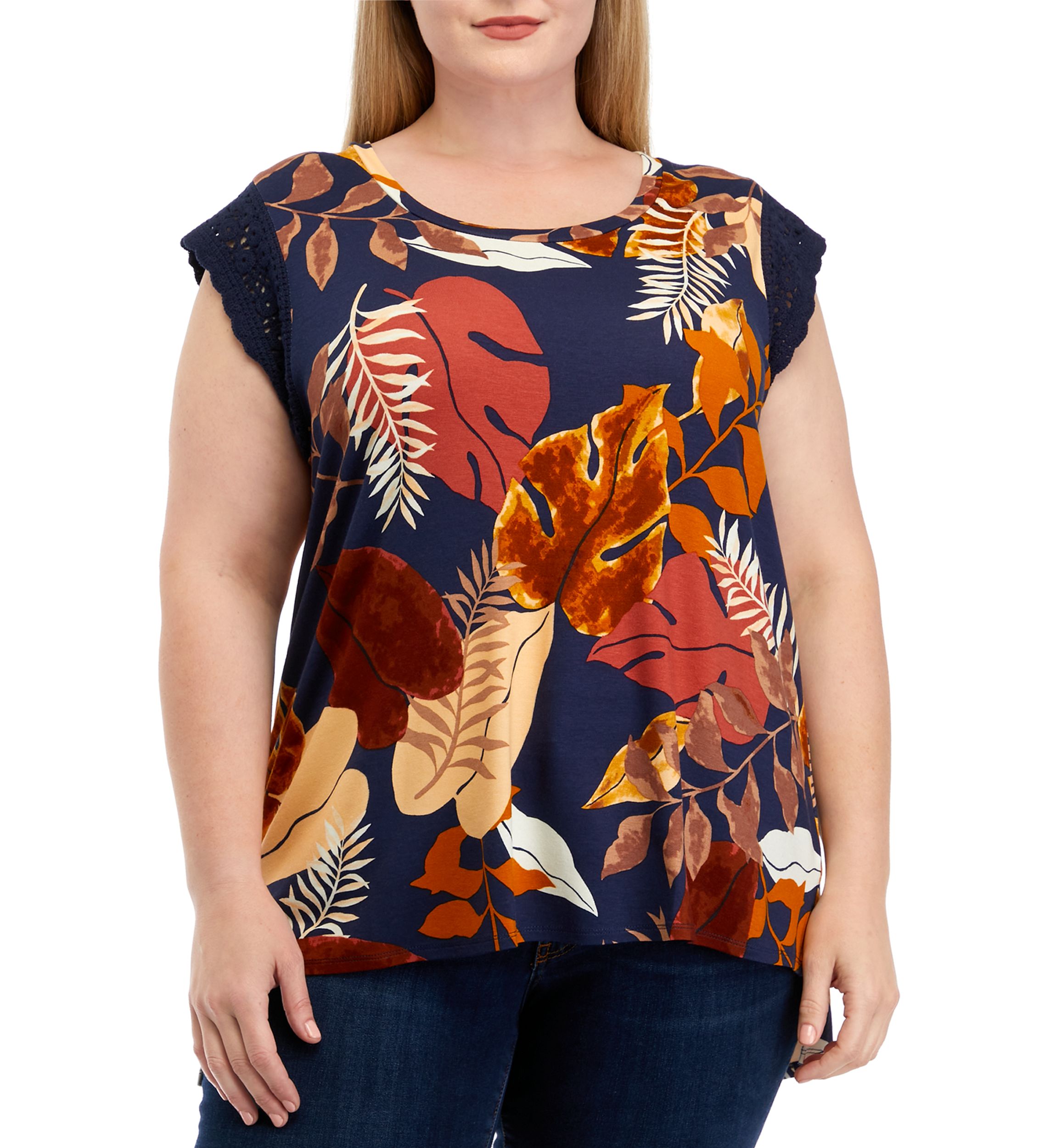 Plus Size Crochet Sleeve Round Neck Top