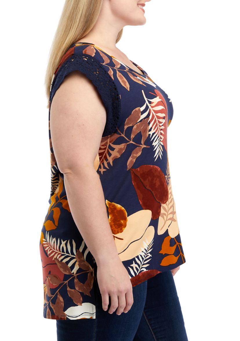 Plus Size Crochet Sleeve Round Neck Top