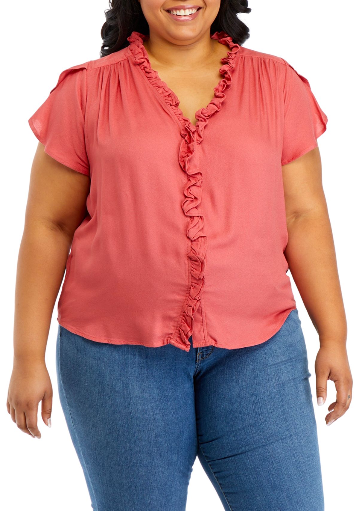 Plus Size Tulip Sleeve Ruffle Trim Top 