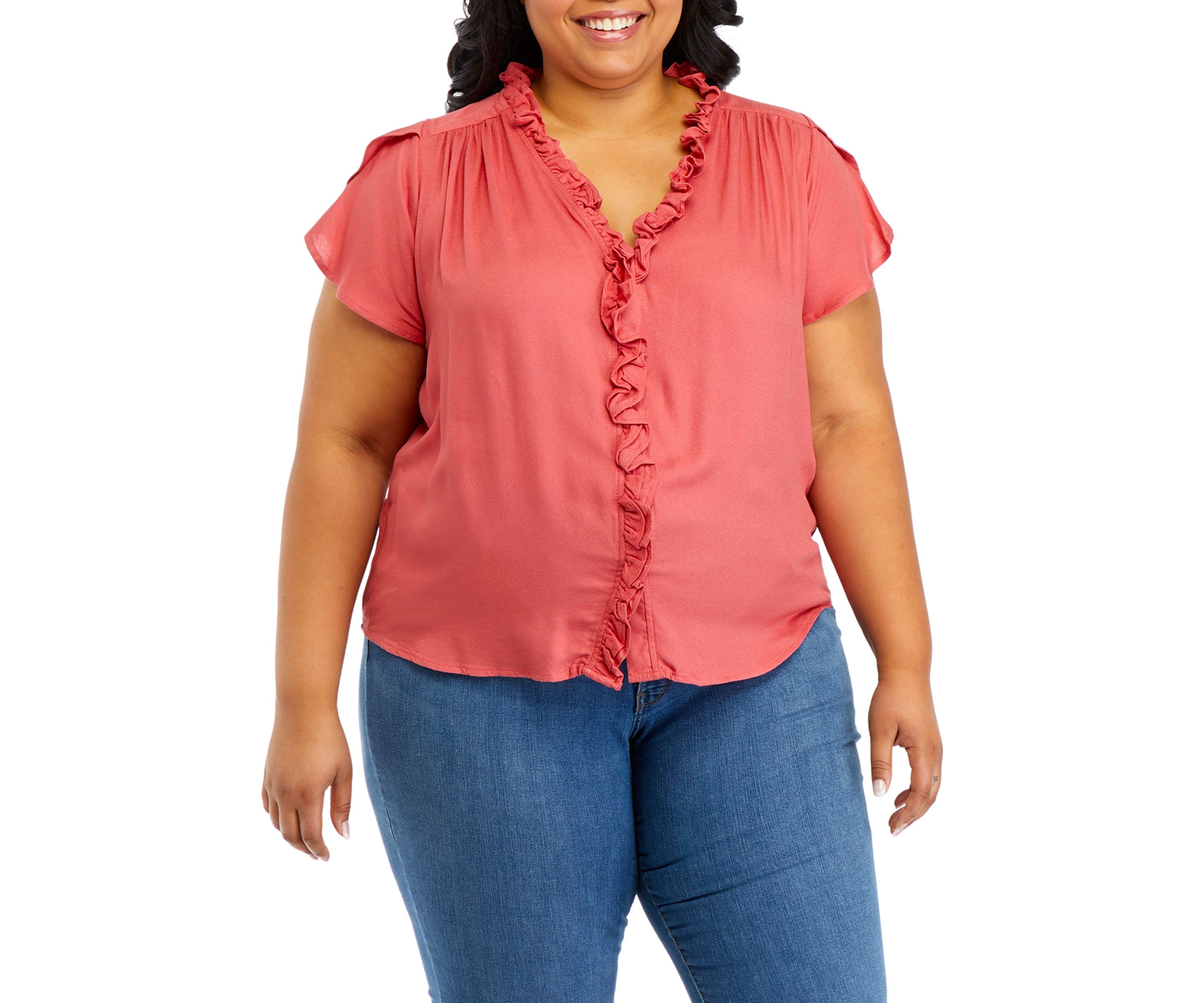 Plus Size Tulip Sleeve Ruffle Trim Top 