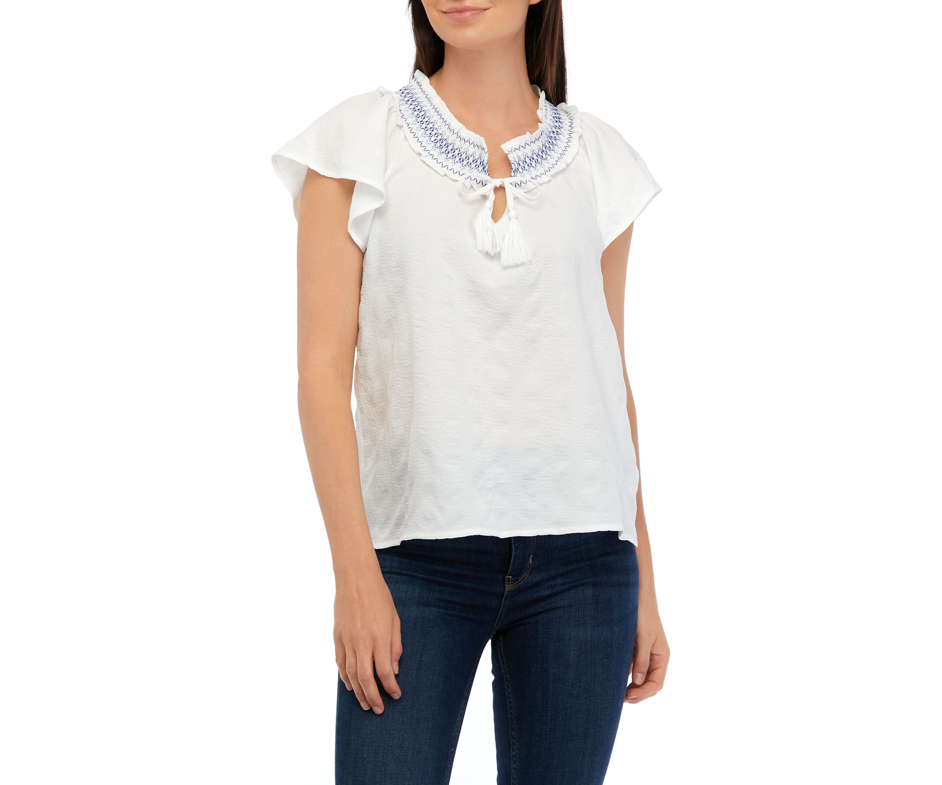 Womens Peasant Top with Embroidered Smocking