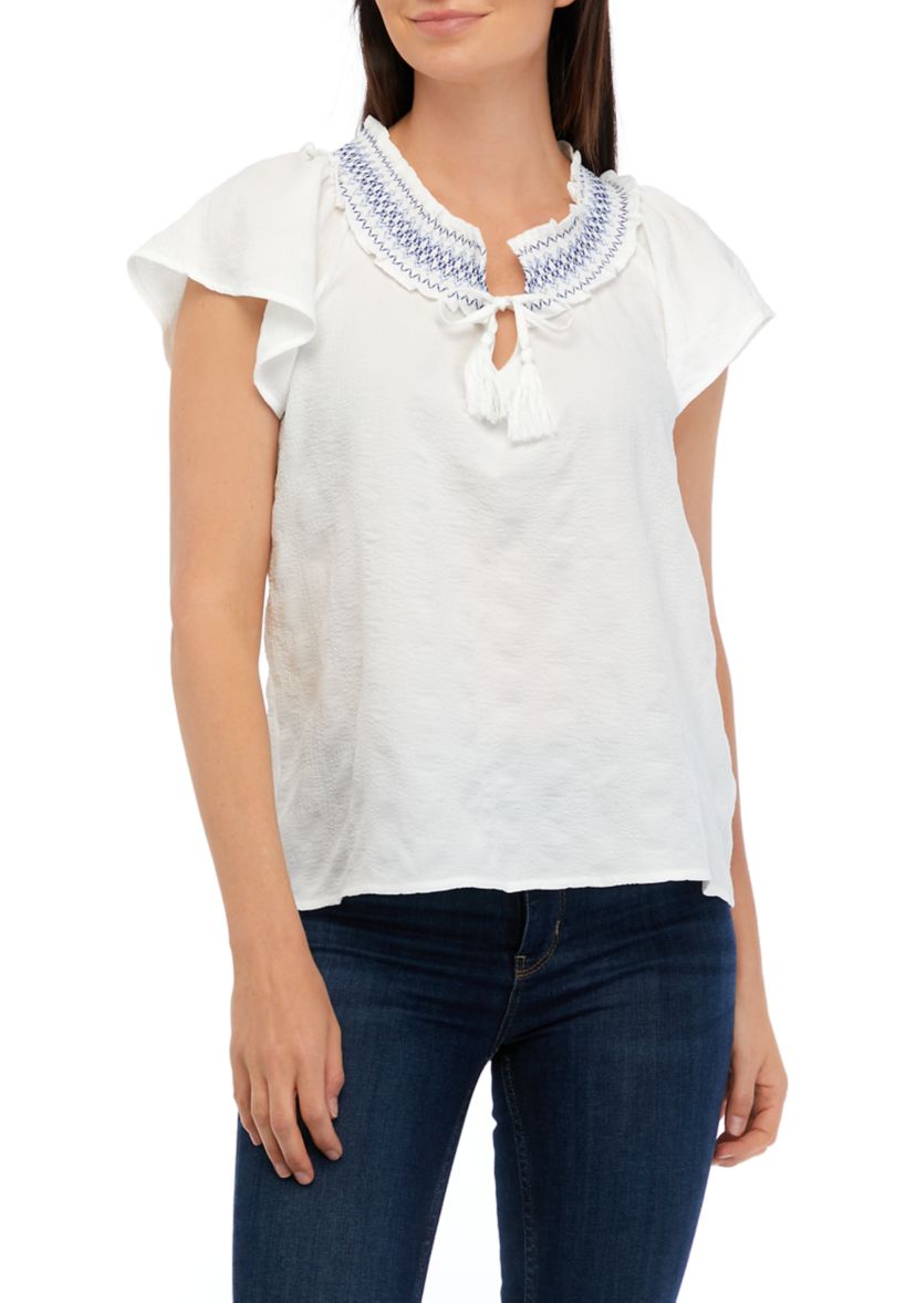 Womens Peasant Top with Embroidered Smocking