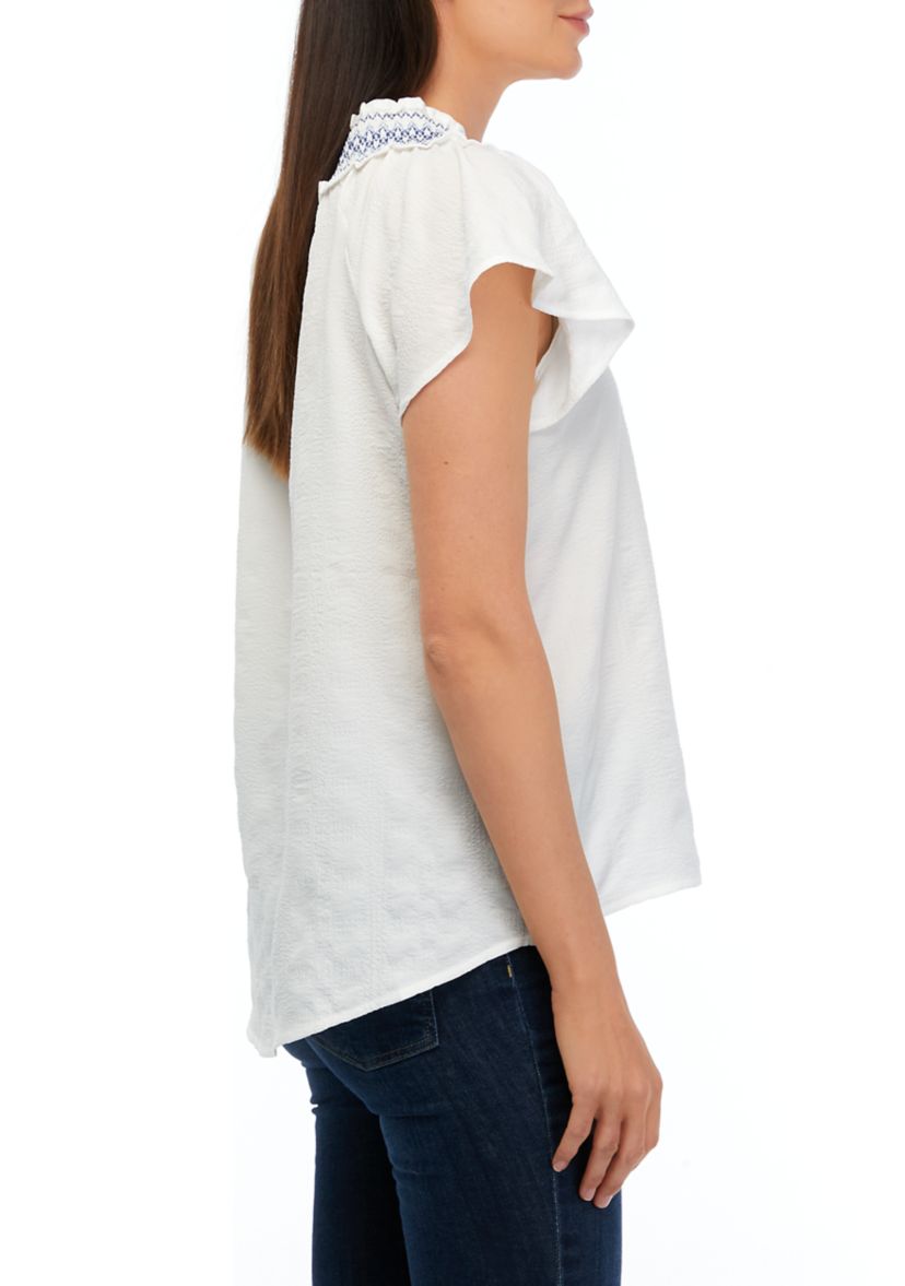 Womens Peasant Top with Embroidered Smocking