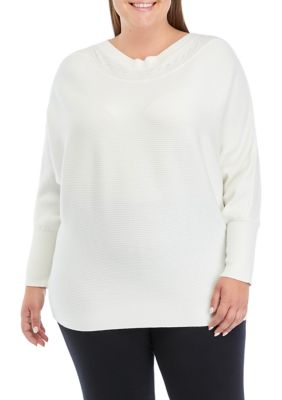 Cupio Women's Plus Size Cable Knit Sweater, White, 1X