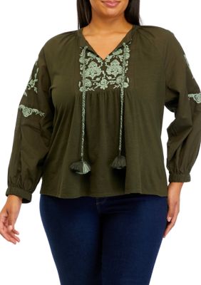 Cupio Women's Plus Size Split Neck Embroidered Top, 3X