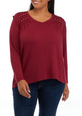 Cupio Women's Plus Size V-Neck Lace Trim Top, 2X