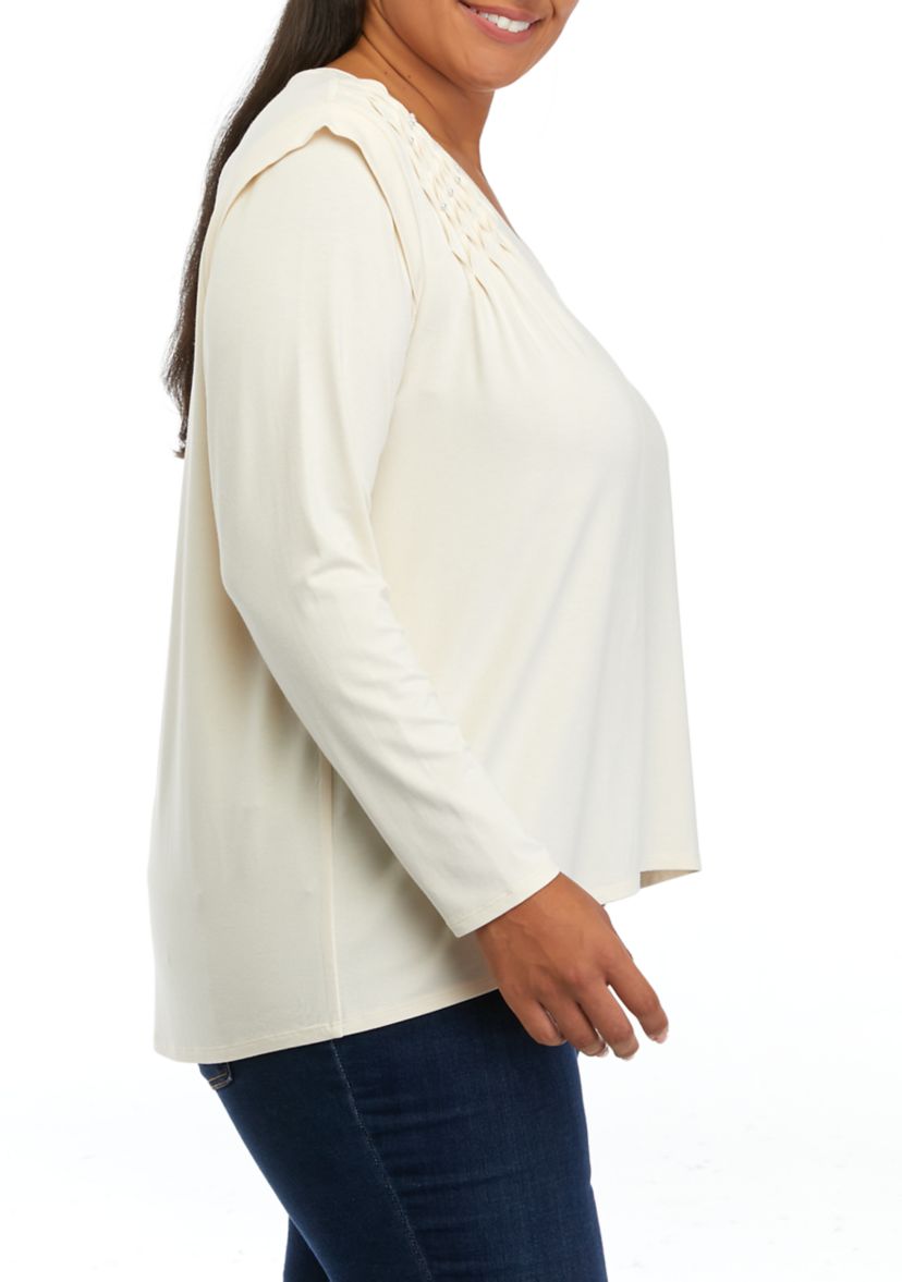 Plus Size V-Neck Lace Trim Top 