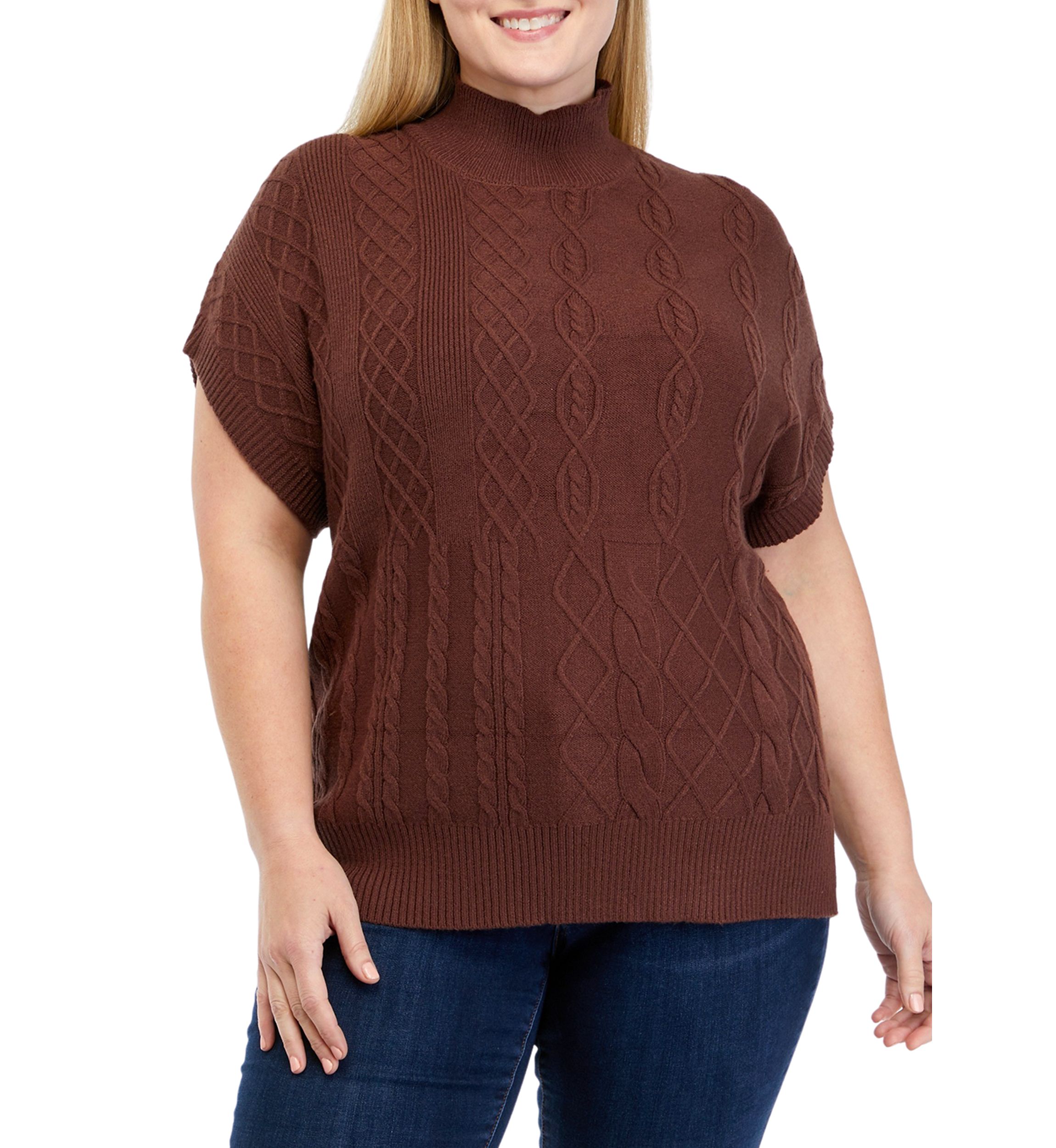 Plus Size Stitch Block Mock Neck Sweater 