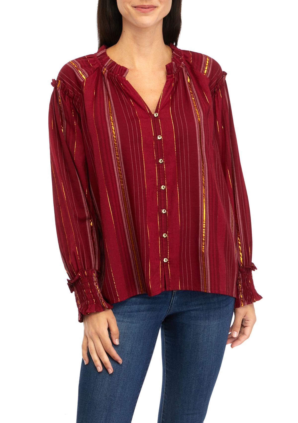 Womens Ruffle Trim Button Front Blouse