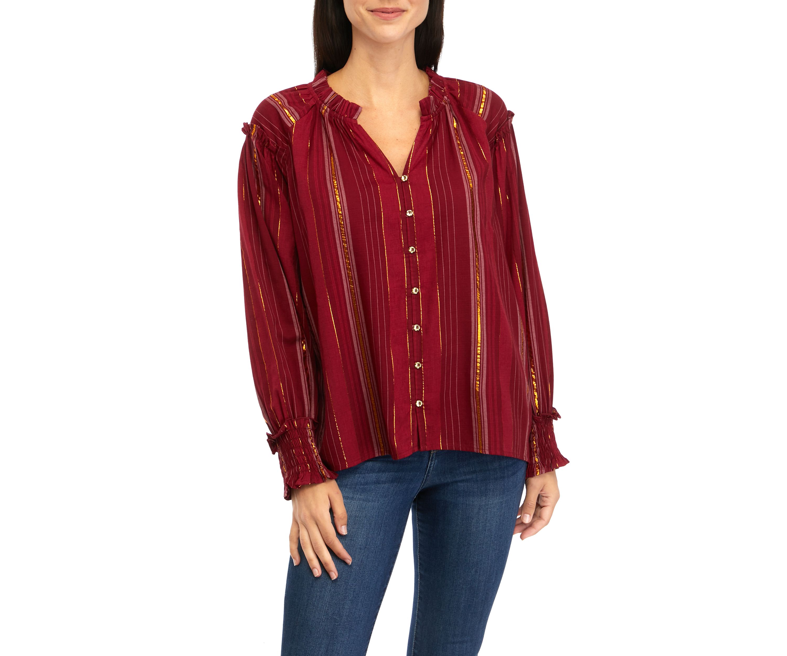 Womens Ruffle Trim Button Front Blouse