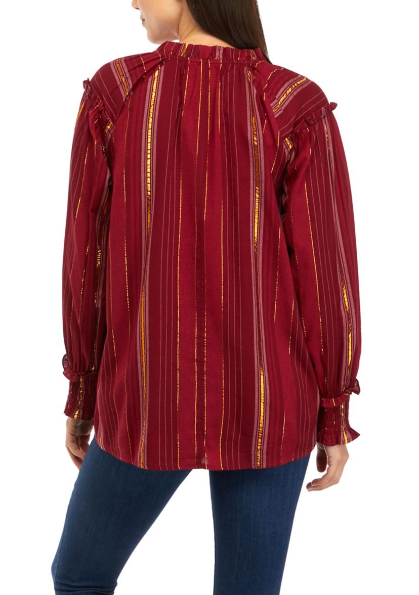 Womens Ruffle Trim Button Front Blouse