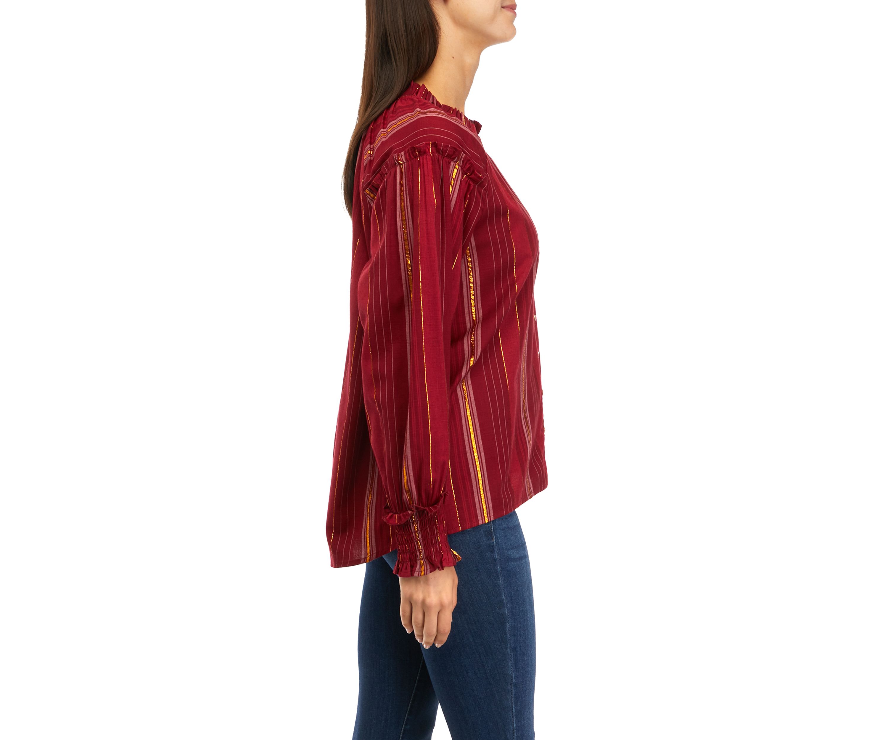Womens Ruffle Trim Button Front Blouse