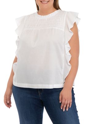 Cupio Women's Plus Size Short Flutter Sleeve Smocked Top