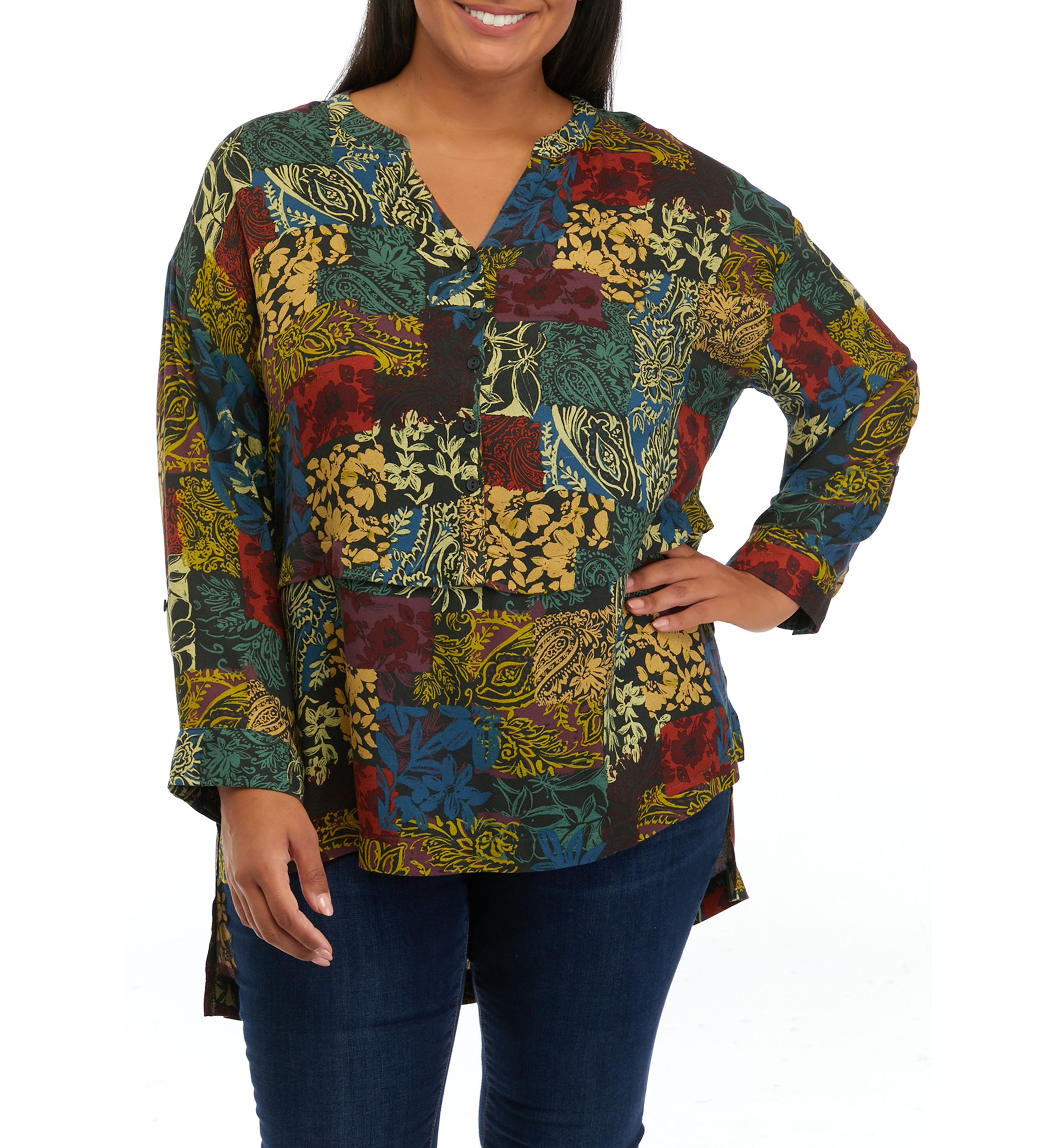 Plus Size Roll Tab Printed Tunic