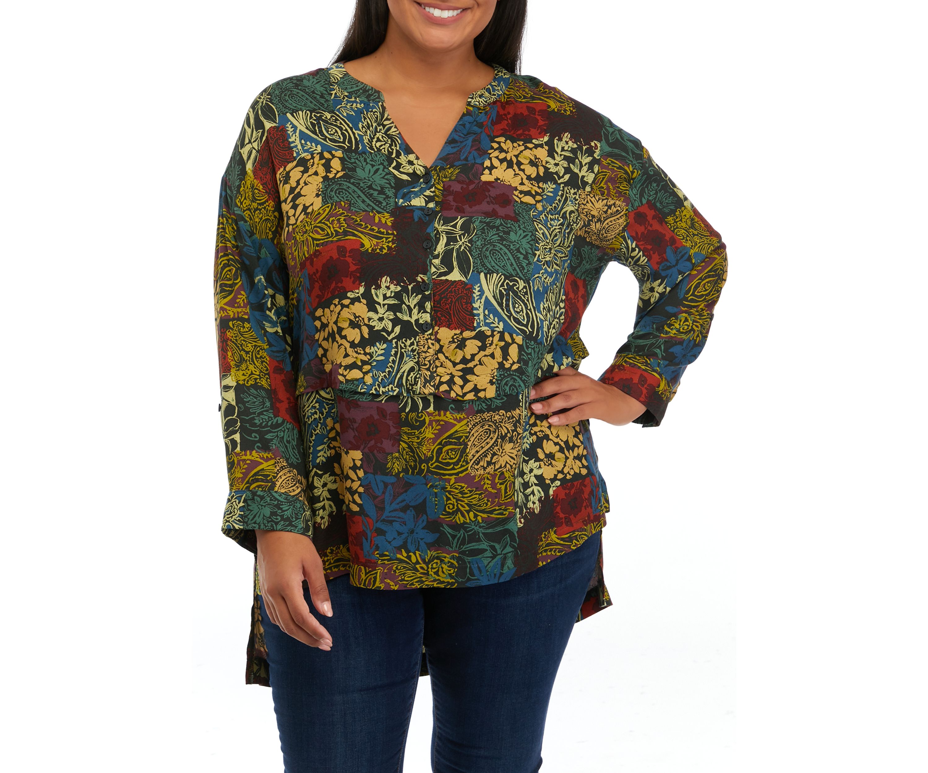 Plus Size Roll Tab Printed Tunic
