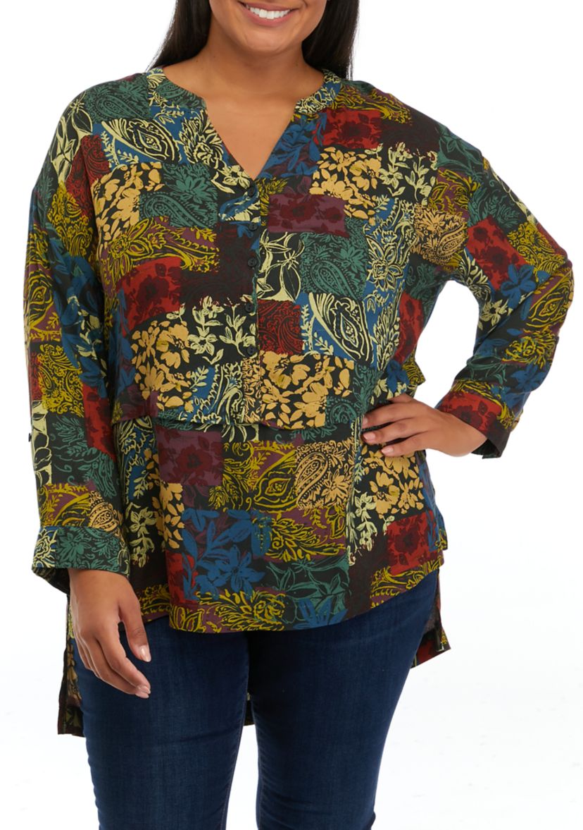 Plus Size Roll Tab Printed Tunic