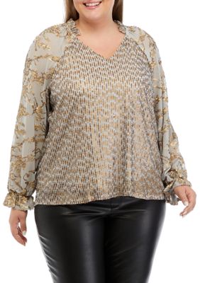 Cupio Women's Plus Size V-Neck Blouse, Gray, 3X
