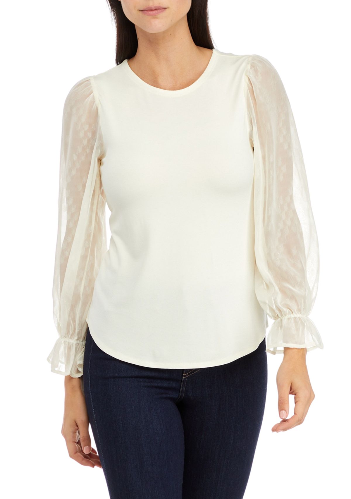 Womens Long Sleeve Mixed Media Clip Dot Blouse