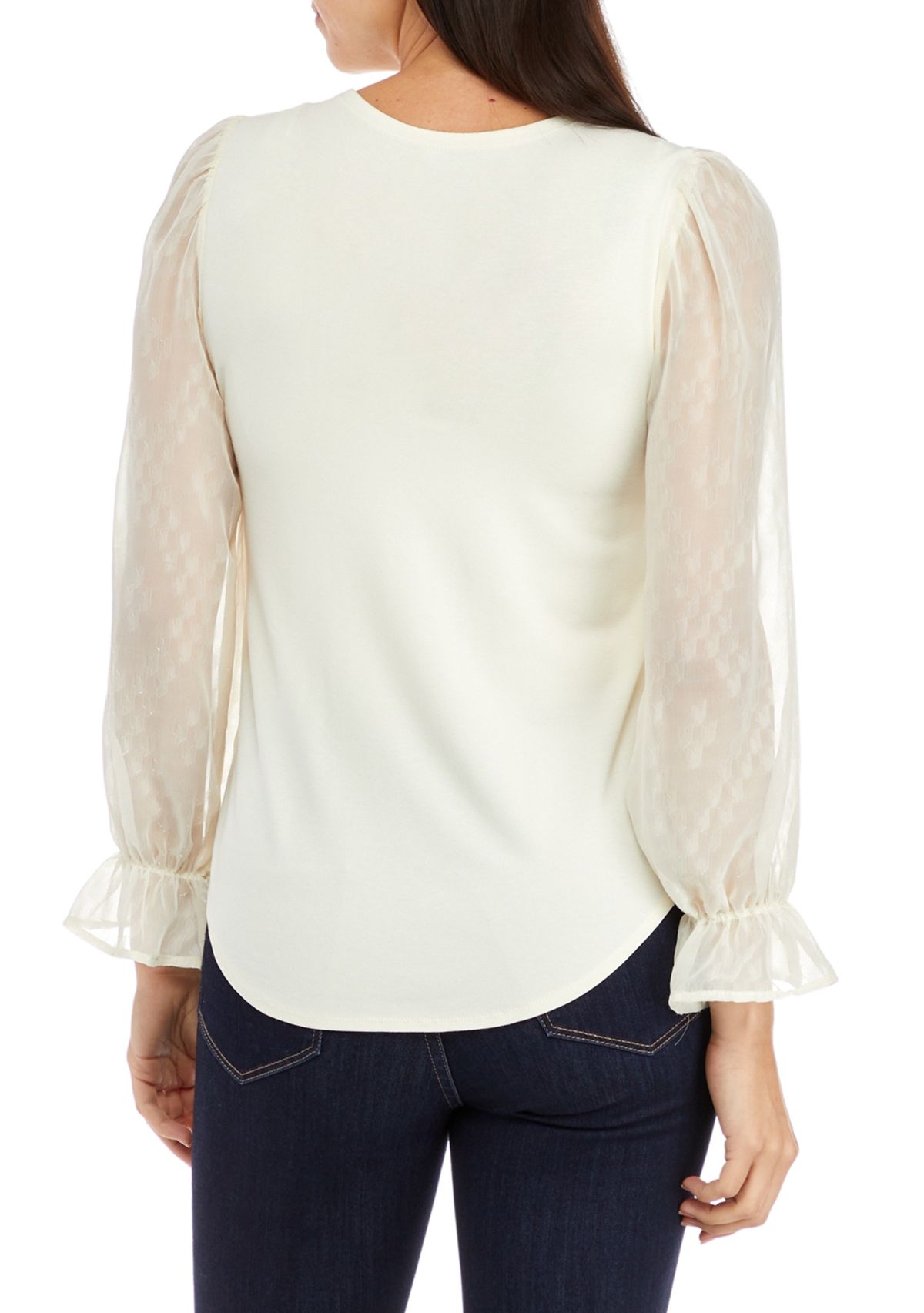 Womens Long Sleeve Mixed Media Clip Dot Blouse