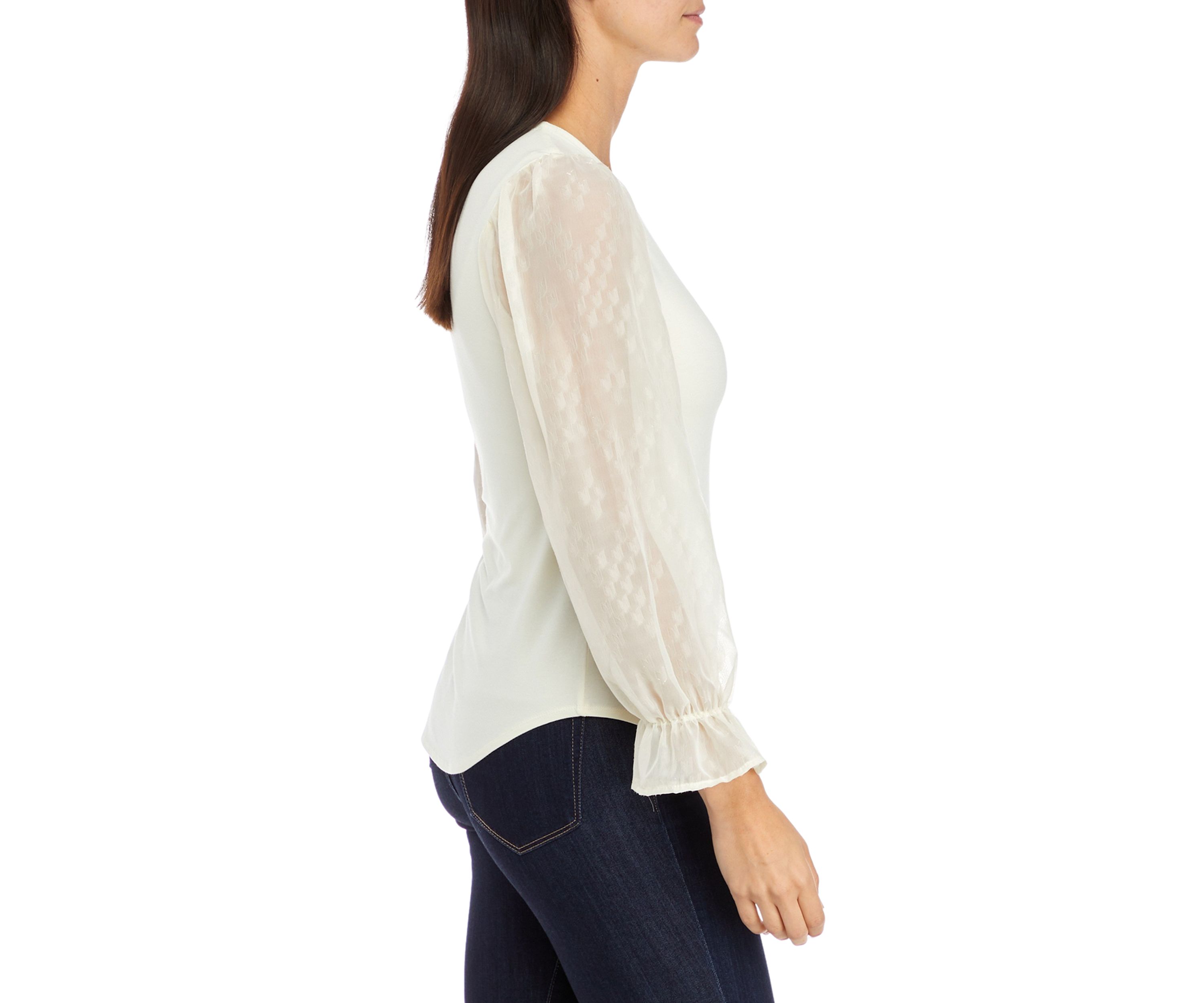 Womens Long Sleeve Mixed Media Clip Dot Blouse
