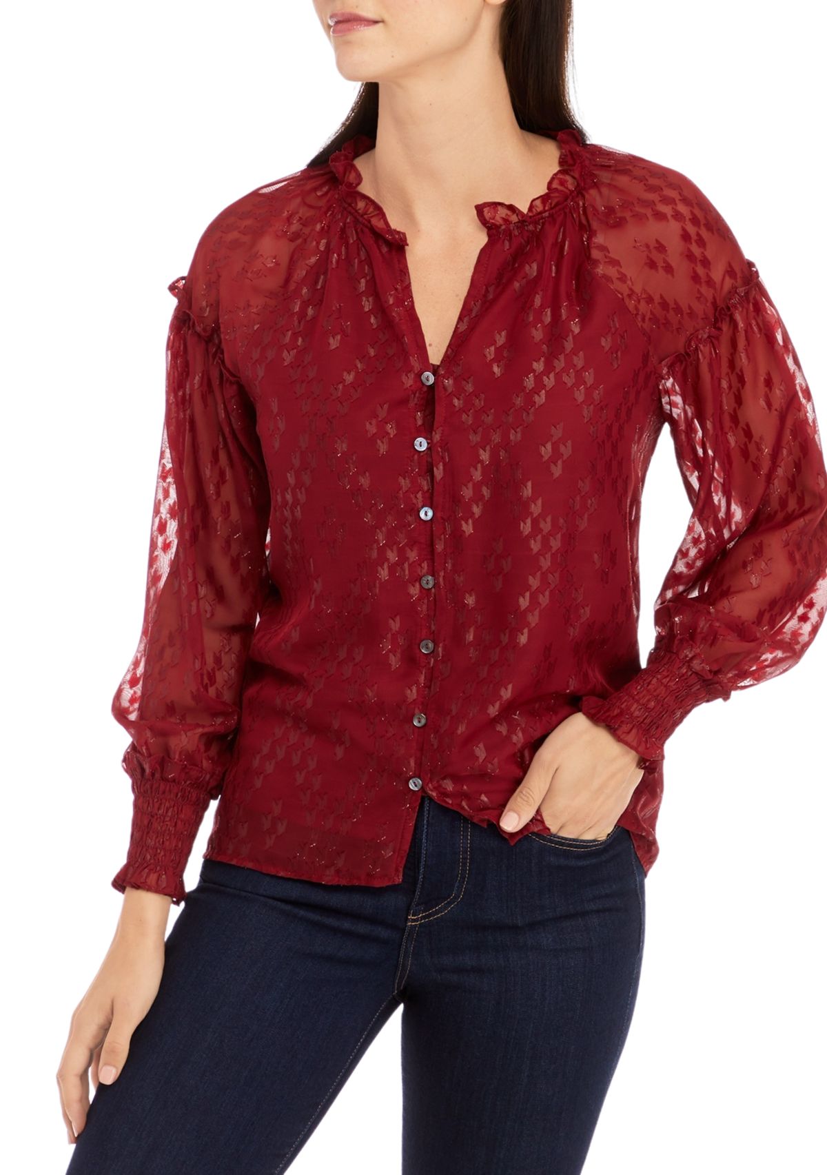 Womens Ruffle Trim Button Front Blouse