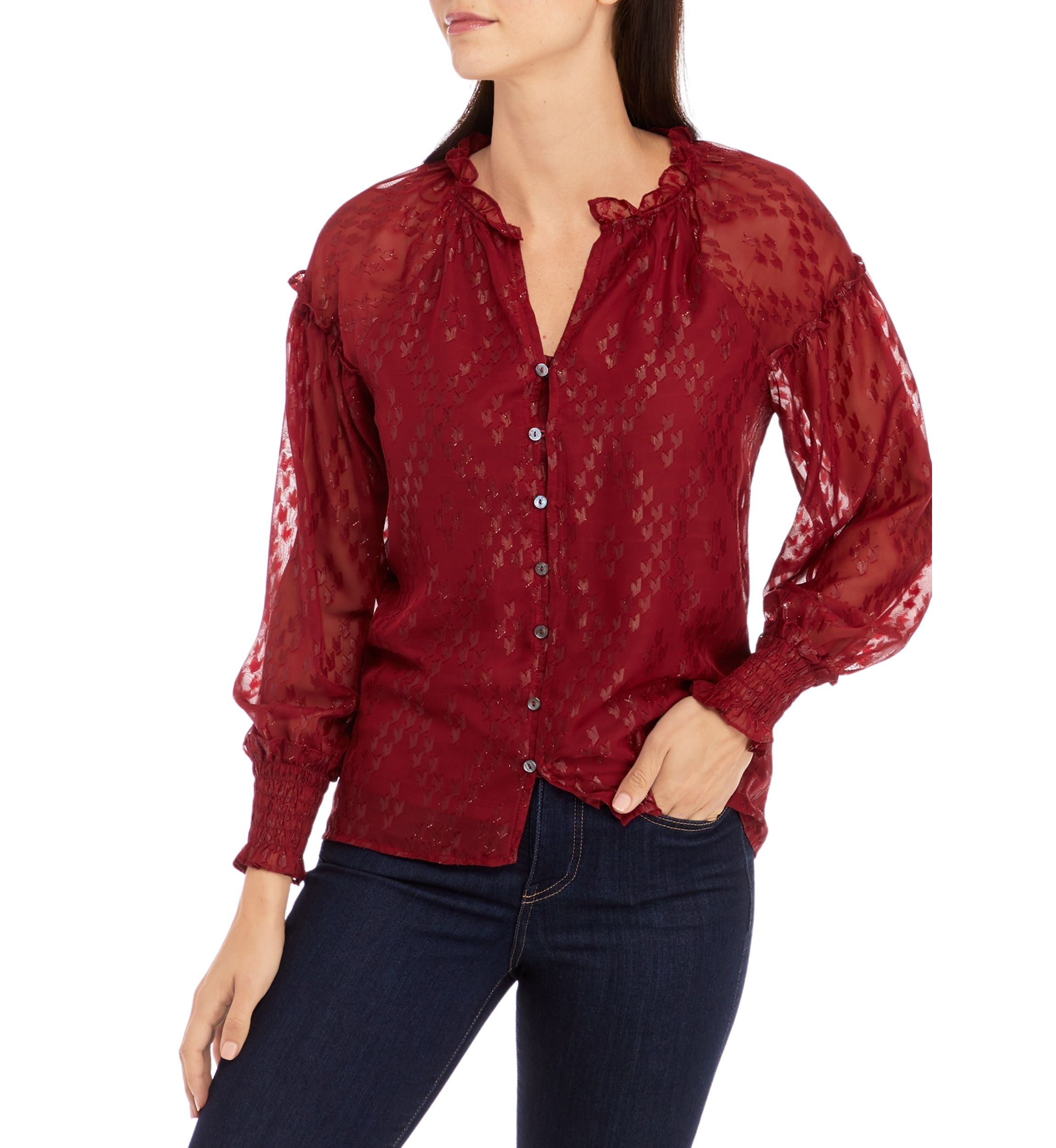 Womens Ruffle Trim Button Front Blouse