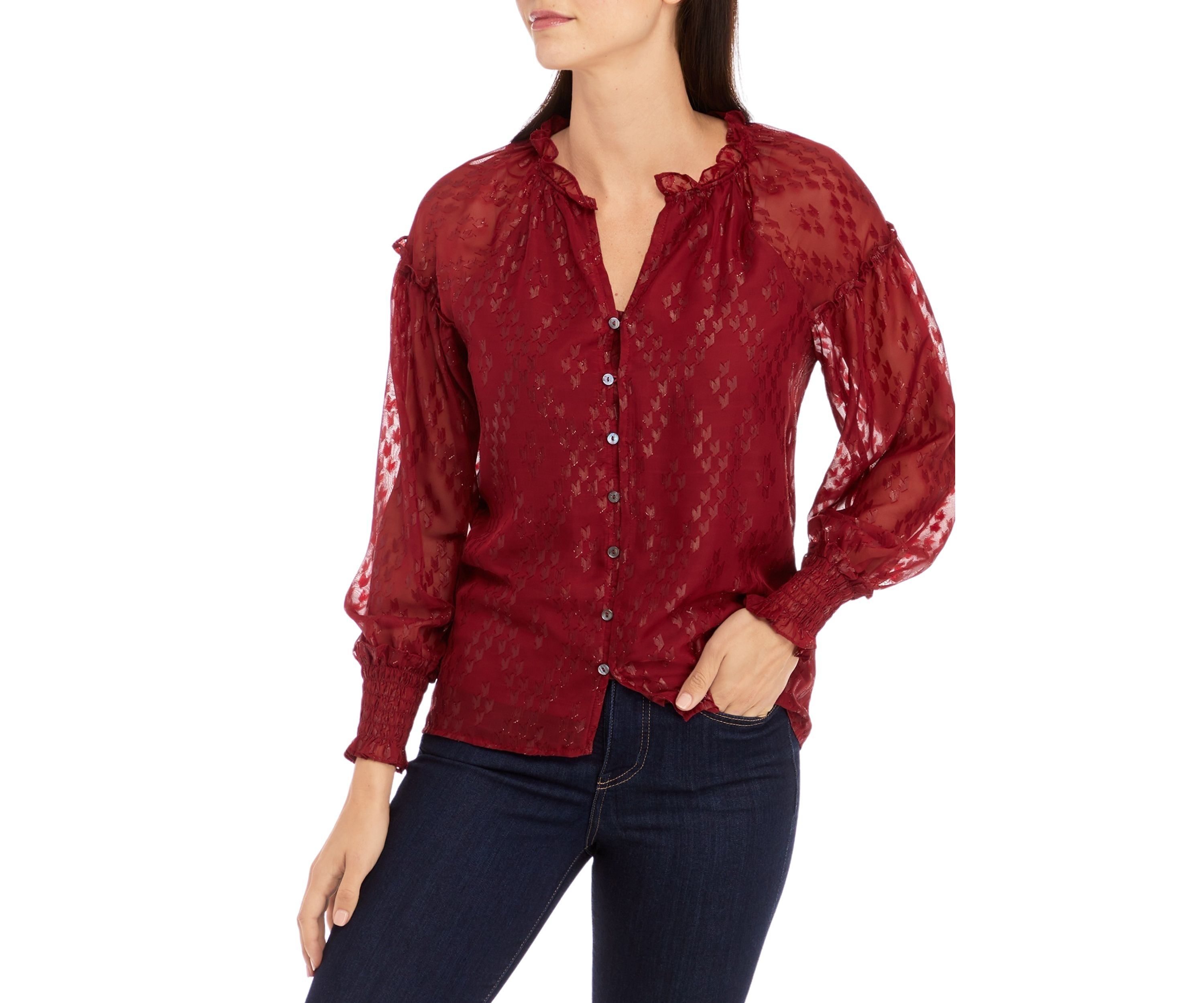 Womens Ruffle Trim Button Front Blouse