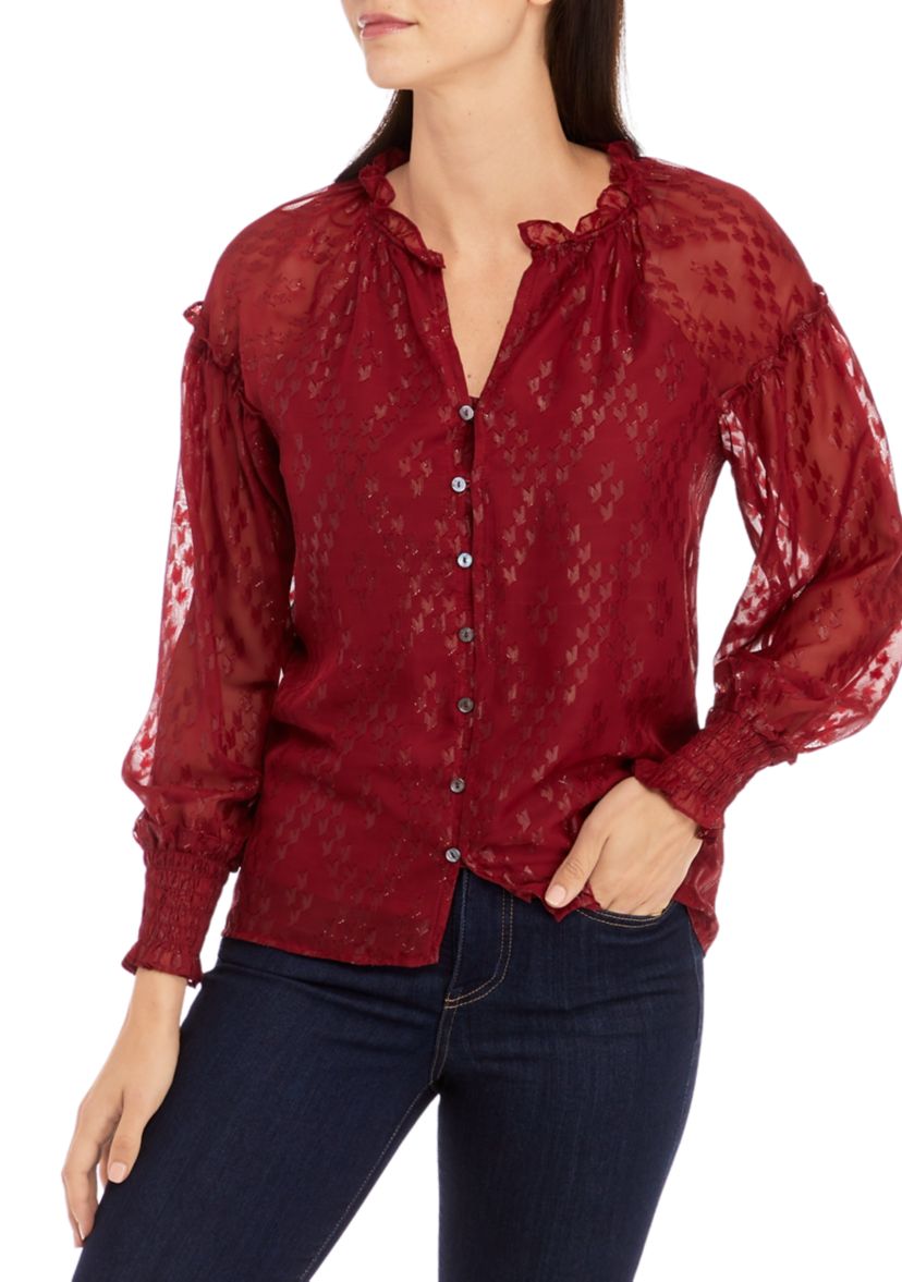 Womens Ruffle Trim Button Front Blouse