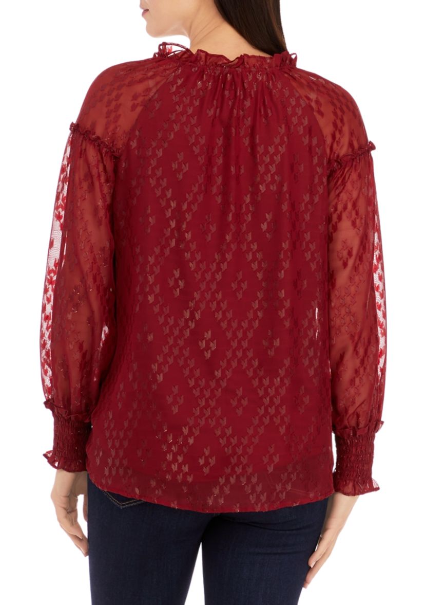 Womens Ruffle Trim Button Front Blouse